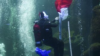 Penyelam mementaskan drama teatrikal yang bertajuk "Semangat perjuangan" di akuarium utama Sea World, Ancol, Jakarta, Sabtu (7/11/2020). [ANTARA FOTO/Hafidz Mubarak A]