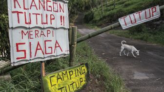 Palang pintu wisata alam Bukit Klangon tutup di Desa Glagaharjo, Cangkringan, Sleman, DI Yogyakarta, Minggu (8/11/2020).  [ANTARA FOTO/Hendra Nurdiyansyah]