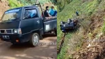 Mengerikan, Detik-detik Mobil Pickup Terjun ke Jurang di Lumajang