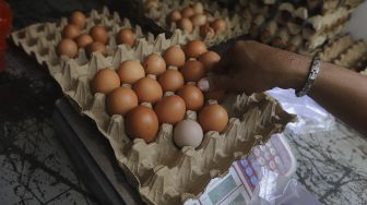 Petugas melayani pembeli telur saat Gelar Pangan Murah (GPM) di Pasar Cipete Utara, Jakarta, Selasa (29/12/2020). [Suara.com/Angga Budhiyanto]