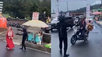 Unik! Anggota Polisi Pakai Kostum Virus Corona saat Sosialisasi