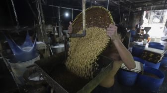 Pekerja mengangkat kacang kedelai saat produksi tahu di salah satu pabrik tahu di kawasan Duren Tiga, Jakarta, Selasa (5/1/2021). [Suara.com/Angga Budhiyanto]