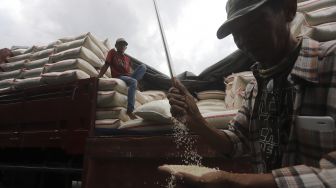 Pekerja mengecek kualitas beras di Pasar Induk Beras Cipinang, Jakarta, Kamis 
(28/1/2021). [Suara.com/Angga Budhiyanto]