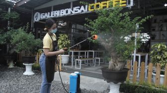 Pekerja menyiram koleksi tanaman bonsai di Cafe Galeri Bonsai, Sleman, DI Yogyakarta, Selasa (2/2/2021). [ANTARA FOTO/Hendra Nurdiyansyah]