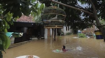 Seorang anak bermain air di halaman rumahnya yang terendam banjir di Kelurahan Cipinang Melayu, Jakarta, Jumat (19/2/2021). [Suara.com/Angga Budhiyanto]