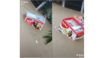 Viral Video Freezer Es Krim Hanyut Terbawa Banjir, Publik: Auto Lompat!