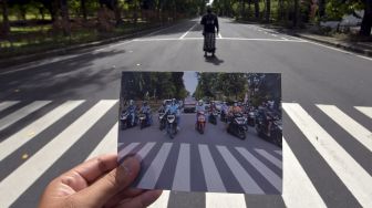 Perbandingan situasi jalan raya sebelum dan sesaat Hari Raya Nyepi Tahun Saka 1943 di wilayah Desa Sumerta Kelod, Denpasar, Bali, Minggu (14/3/2021). [ANTARA FOTO/Nyoman Hendra Wibowo]