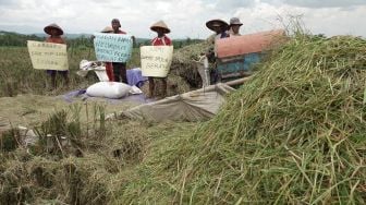 Sejumlah petani dan anggota Persatuan Penggilingan Padi (Perpadi) DPC Kabupaten Purbalingga melakukan aksi menolak rencana impor beras di Desa Brobot, Bojongsari, Purbalingga, Jateng, Selasa (23/03/2021). ANTARA FOTO/Idhad Zakaria