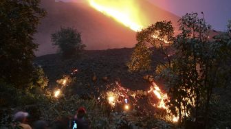 Orang-orang melihat aliran lava dari Gunung Berapi Pacaya Guatemala di pertanian La Brena di desa Patrocinio, San Vicente Pacaya, sekitar 60 kilometer selatan kota Guatemala, pada (25/3/2021). [Johan ORDONEZ / AFP]