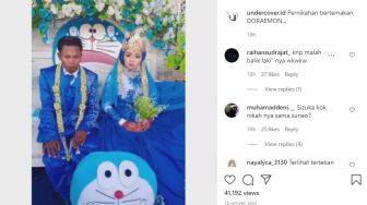 Resepsi Bertemakan Doraemon, Ekspresi Pasangan Ini Bikin Warganet Heran