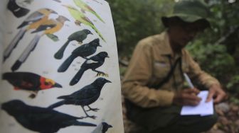 Pengamat burung Forum Konservasi Leuser (FKL) Hasballah mencatap jenis burung seusai pemantauan di kawasan Stasiun Penelitian Soraya, Kota Subulussalam, Aceh, Kamis (8/4/2021). [ANTARA FOTO/Syifa Yulinnas]