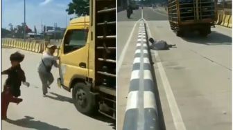 Menantang Maut, Viral Video Dua Pria Menghadang Truk Galon