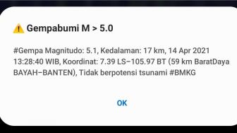 Gempa Banten 5,1 SR Terasa Kuat, Tapi Tidak Timbulkan Tsunami