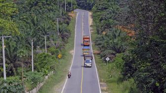 Kendaraan melintas di Jalan Lintas Timur Sumatera, Sekernan, Muarojambi, Jambi, Sabtu (8/5/2021). [ANTARA FOTO/Wahdi Septiawan]