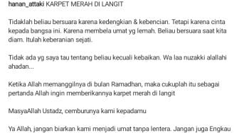 Hanan Attaki Hapus Tulisan Karpet Merah di Langit Soal Tengku Zulkarnain