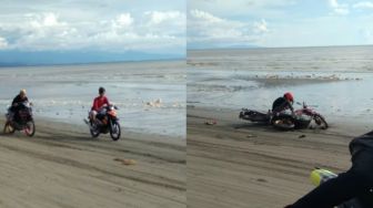 Kebut-kebutan di Pantai, Yamaha Vixion Ban Cacing Malah Tabrak Motor Klasik, Publik Gigit Jari