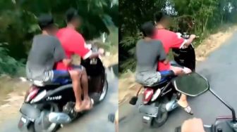 Bocil Penunggang Scoopy Berulah, Motor Terbang Tabrak Rekannya