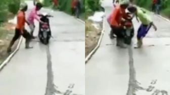 Viral Pemotor Terjebak di Jalan yang Baru Dicor, Hampir Jadi Tumbal Proyek