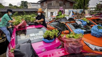 Petugas bengkel persewaan taksi menanam sayuran di atap salah satu kendaraan perusahaan yang tidak berfungsi karena penurunan bisnis akibat COVID-19 di Bangkok, Thailand, pada (15/9/2021). [Jack TAYLOR / AFP]