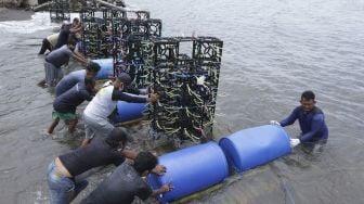 Nelayan membawa apartemen ikan yang akan ditenggelamkan di Pantai Cacalan, Banyuwangi, Jawa Timur, Sabtu (25/9/2021). [ANTARA FOTO/Budi Candra Setya]