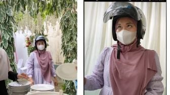 Outfit Wanita Cantik saat Hadiri Hajatan Jadi Sorotan, Helm Ini Sebabnya