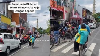 Video Suami Setia Antar Istri Kerja Naik Sepeda Selama 28 Tahun, Publik: Mbrebes Mili