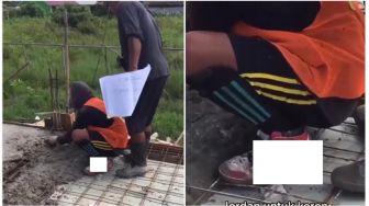 Terekam Lagi Ngecor Bangunan, Sepatu Kuli ini Jadi Sorotan Publik: Ini mah Sultan