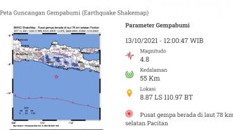 Pusat Gempa Bermagnitudo 4,8 Siang Tadi Ada di Selatan Pacitan