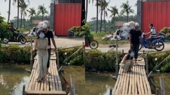 Viral Sejoli Menyeberang Jembatan Mata Ditutup Pakai Masker, Publik Ngeri Lihat Bawahnya