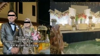 Viral Pengantin Pria Terpeleset ke Kolam Renang, Aksi Sembunyikan Malu Tak Terduga