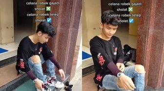 Viral Cowok Salat Pakai Celana Sobek di Bagian Lutut, Publik Debat