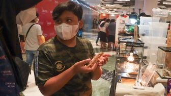 Anak - anak melihat pameran hewan Exotic Pet Expo di Senayan Park, Jakarta Pusat, Sabtu (30/10/2021). [Suara.com/Alfian Winanto]