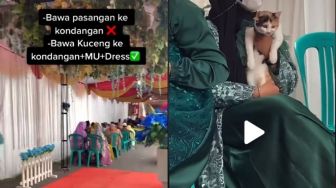 Bukan Pasangan, Perempuan Ini Gandeng Kucing Seragaman ke Kondangan