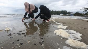 Wisatawan membersihkan sampah berupa batu bara yang terbawa arus laut di pantai wisata Ulee Lheu, Banda Aceh, Aceh, Jumat (5/11/2021). ANTARA FOTO / Irwansyah Putra