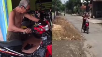 Gereget Maksimal, Aksi Kakek Bertelanjang Dada yang Oprek dan Test Ride Motor Sendiri, Bikin Melongo