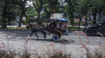 Warga berwisata dengan delman di Kawasan IRTI Monas, Jakarta Pusat, Minggu (21/11/2021). [Suara.com/Alfian Winanto]