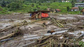 Lahan pertanian milik warga rusak diterjang banjir bandang di Kampung Cileles, Desa Cintamanik, Kecamatan Karang Tengah, Kabupaten Garut, Jawa Barat, Minggu (28/11/2021).  ANTARA FOTO/Adeng Bustomi