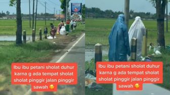 Viral Momen Ibu-ibu Petani Salat di Pinggir Sawah, Publik Takjub: Adem