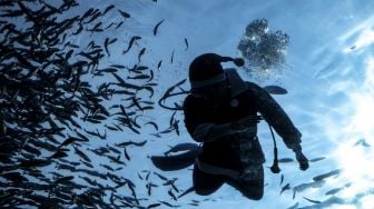 Seorang penyelam berpakaian Sinterklas memberi makan ikan di akuarium Hakkeijima Sea Paradise, Yokohama, Jepang, pada (10/12/2021). [PHILIP FONG / AFP]