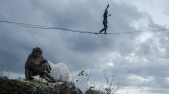 Pegiat olahraga ekstrem berjalan di atas tali webbing pada kegiatan Bandung Highlines Festival di Tebing Hawu, Kabupaten Bandung Barat, Sabtu (18/12/2021). [ANTARA FOTO/Novrian Arbi]