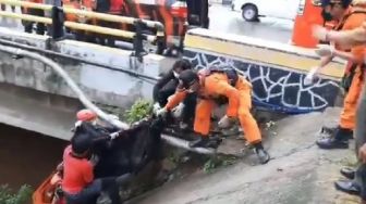 Proses Evakuasi Bocah Tenggelam di Kali Ciliwung Berlangsung Dramatis