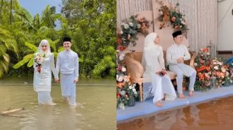 Viral Pengantin Tetap Resepsi Meski Tempat Tergenang Banjir, Aksinya Bikin Publik Salut