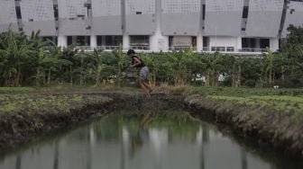 Seorang anak memancing ikan di area lahan pertanian dengan latar belakang proyek pembangunan Jakarta International Stadium (JIS) di kawasan Sunter Agung, Jakarta, Kamis (23/12/2021). [Suara.com/Angga Budhiyanto]