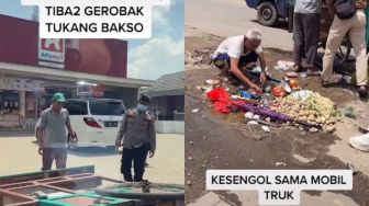 Nyesek! Kesenggol Truk saat Baru Buka, Gerobak Bakso Ambruk Semua Isinya Tercecer di Jalan