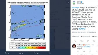 Gempa 7,4 Magnitudo Terjadi di Maluku Barat Daya, Warganet Ngaku Terasa Sampai Merauke