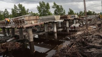 Pekerja menyelesaikan pembangunan jembatan layang (pile slab) di Jalan Trans Kalimantan Bukit Rawi, Pulang Pisau, Kalimantan Tengah, Selasa (4/1/2022). ANTARA FOTO/Makna Zaezar