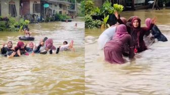 Gegara Banjir Gerombolan Perempuan Pulang Kondangan Naik Sampan, Keseruannya Bikin Iri
