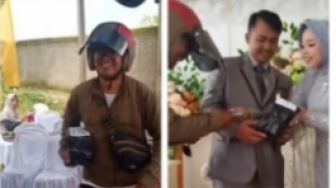 Pengantin Auto Kaget saat Pria Berhelm Naik ke Pelaminan Bawa Barang Ini