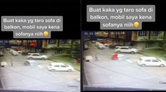 Sakit Tak Berdarah, Mobil Diam Terparkir Jadi Penyok Gegara Kejatuhan Sofa dari Balkon