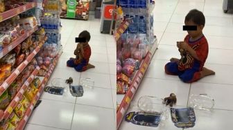 Viral Bocil Duduk Santai Unboxing Mainan di Minimarket, Warganet: Serasa Rumah Sendiri